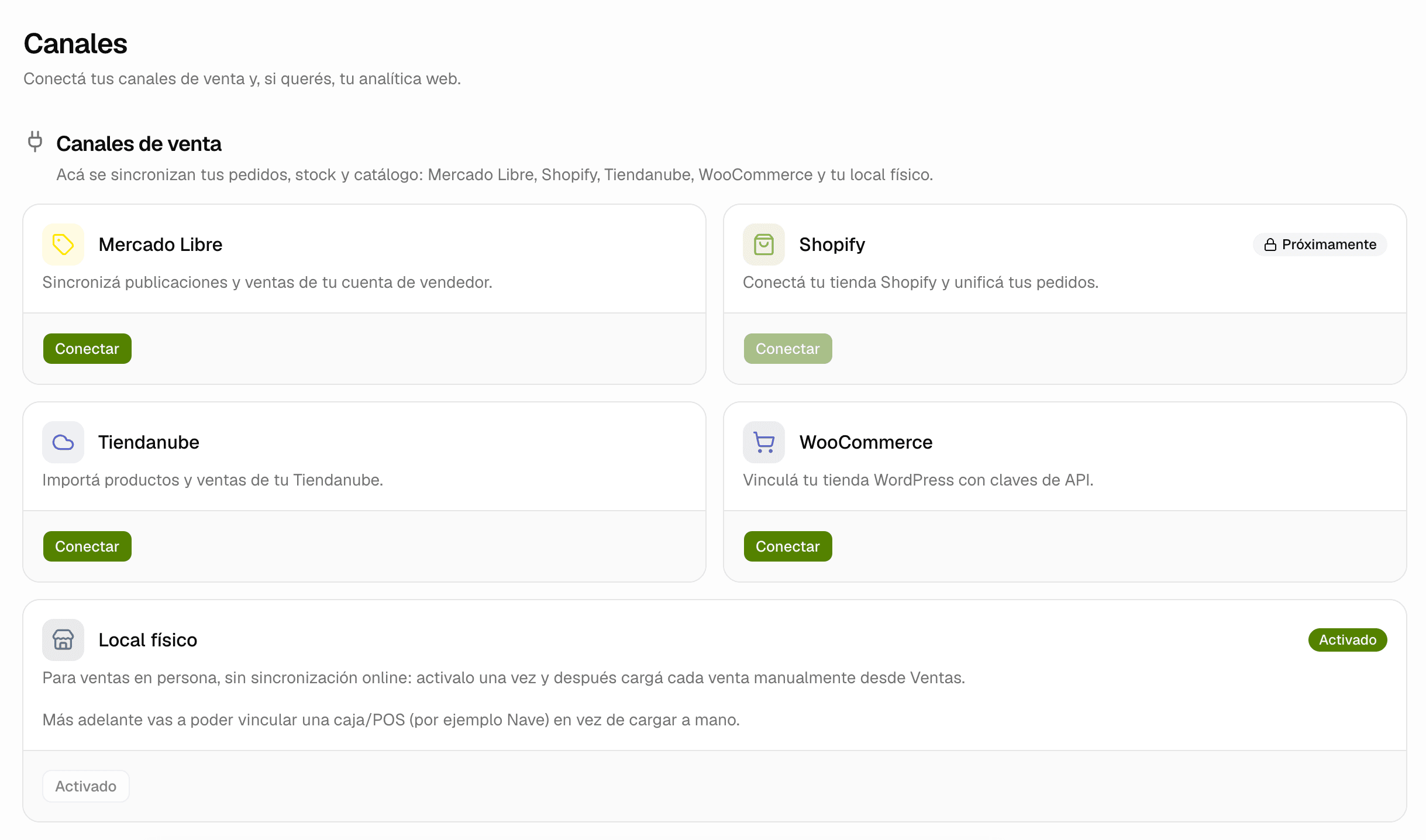 Pantalla de Canales con las cards de Mercado Libre, Shopify, Tiendanube, WooCommerce y Local físico
