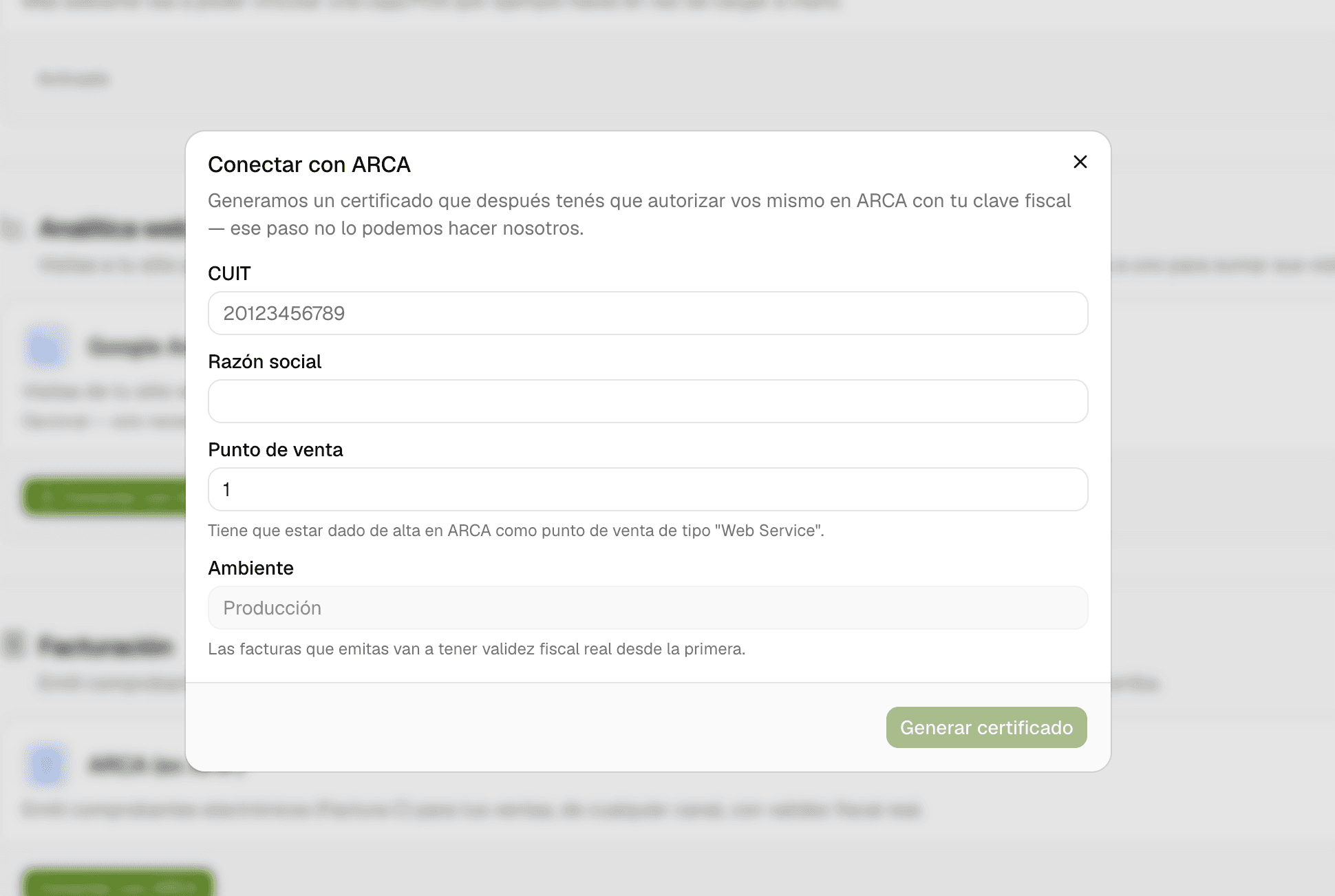 Diálogo "Conectar con ARCA" pidiendo CUIT, razón social, punto de venta y ambiente