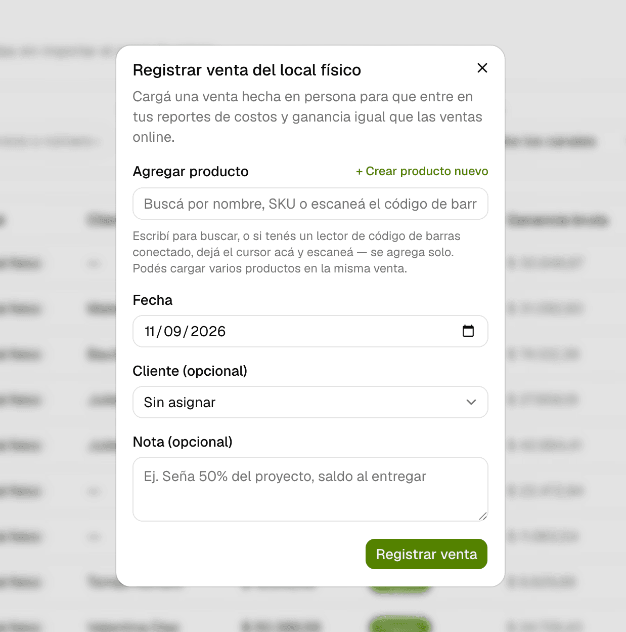 Diálogo "Registrar venta del local físico" con el buscador de productos, fecha, cliente y nota