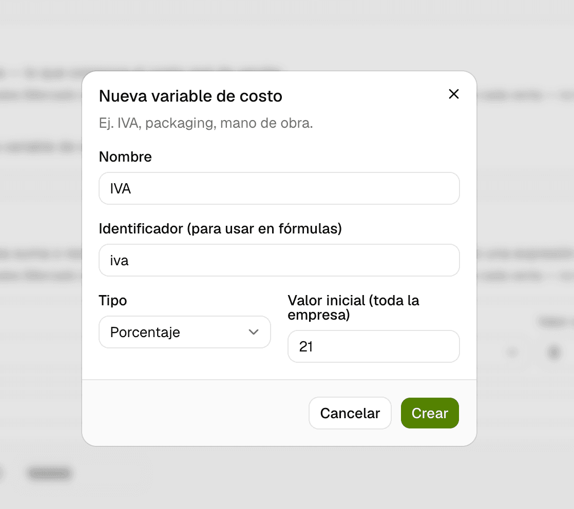 Diálogo "Nueva variable de costo" con nombre, identificador, tipo Porcentaje y valor inicial